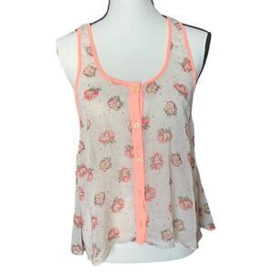 LUSH Sheer floral Button Down Flowy Tank Top Cream and Coral Size Medium